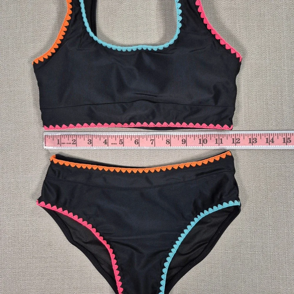 Girls Black High Waisted Bikini Set Neon Rickrack Trim Size 12Y-13Y 2XL